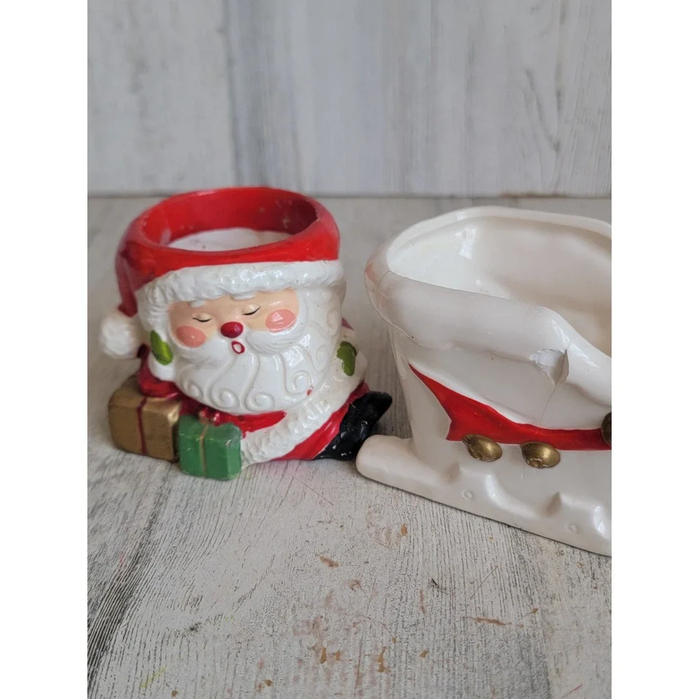 Vintage AS IS Santa Claus sled mini ceramic Xmas candle holder home decor